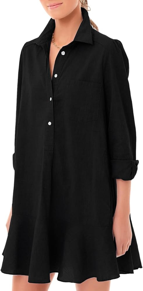 Yimoon Women's Tunic Mini Shirt Dress Casual Long Sleeve Button Up Ruffle Hem Dress Flowy Chambra... | Amazon (US)