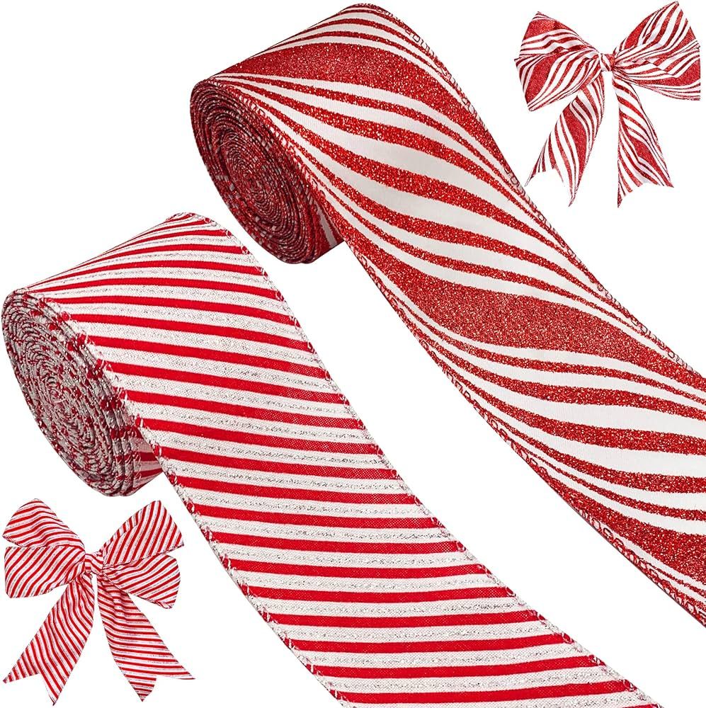 2 Rolls Christmas Wired Edge Ribbons 2.5 Inch Wide Red and White Stripe DIY Crafts Ribbons for Wrapping Present Wreath Bows Festival Decoration, 12 Yards | Amazon (US)