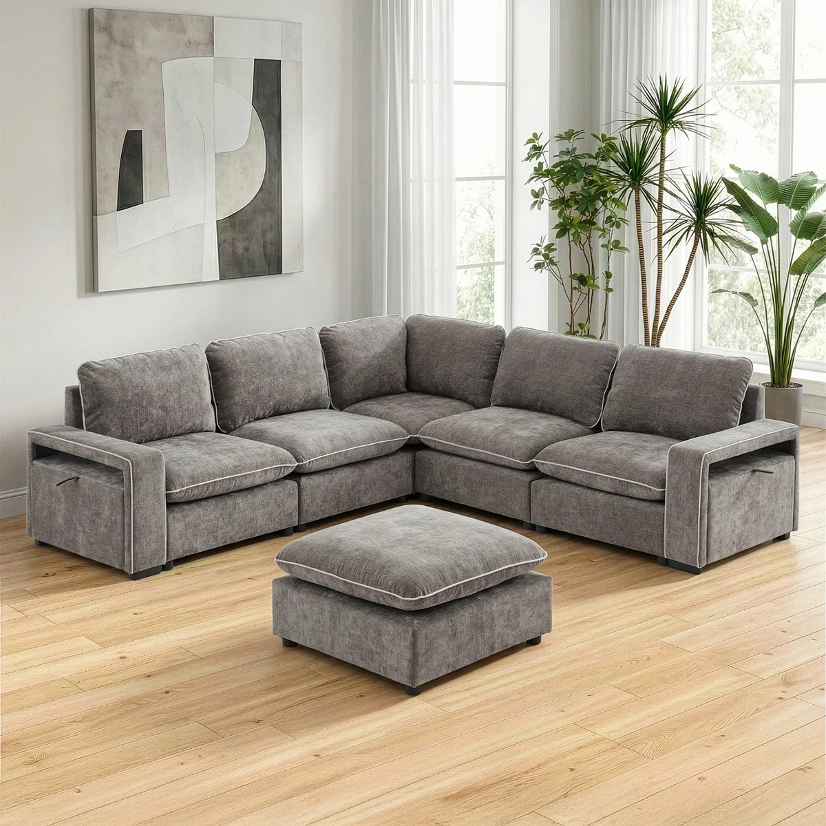 102.36'' W 6-Piece Gray Chenille Modular Sectional With Storage Arm | Wayfair North America