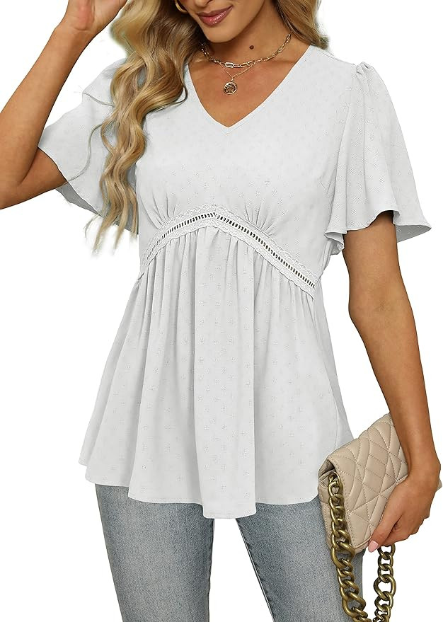 SAMPEEL Peplum Tops for Women Dressy Summer Short Sleeve V Neck Blouses | Amazon (US)