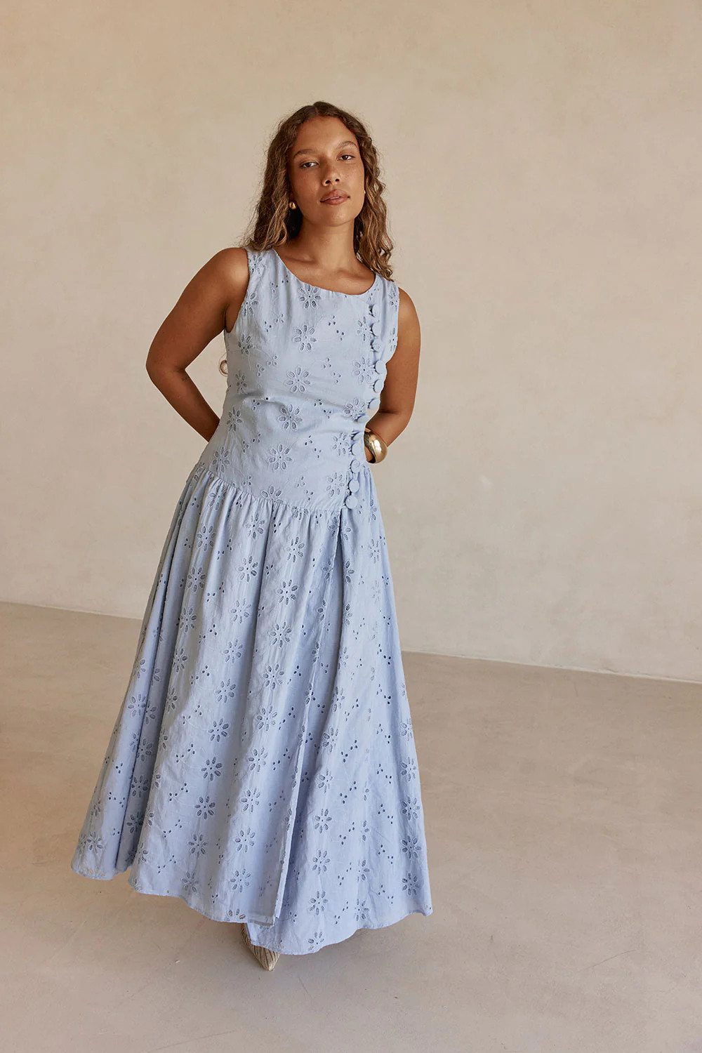 Blue Broderie Button Maxi Odessa Dress | Sabo Skirt US