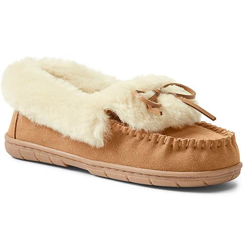 Women's Suede Leather Fuzzy Shearling Fur Moccasin Slippers | Lands' End (US)