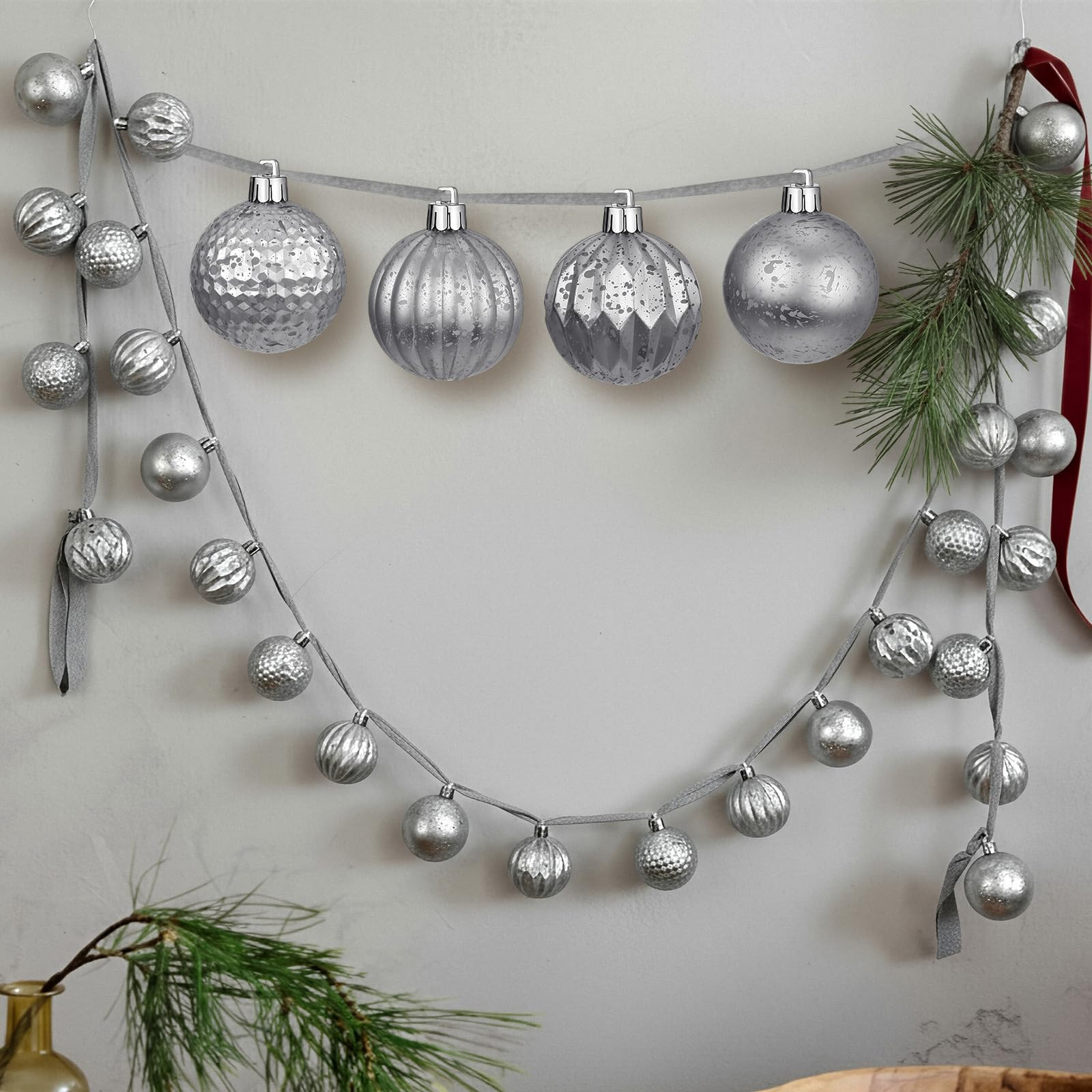 6.5 ft Silver Ornament Garland Neutral Textured Christmas Shatterproof Ornaments Garland 2 Inch 2... | Amazon (US)