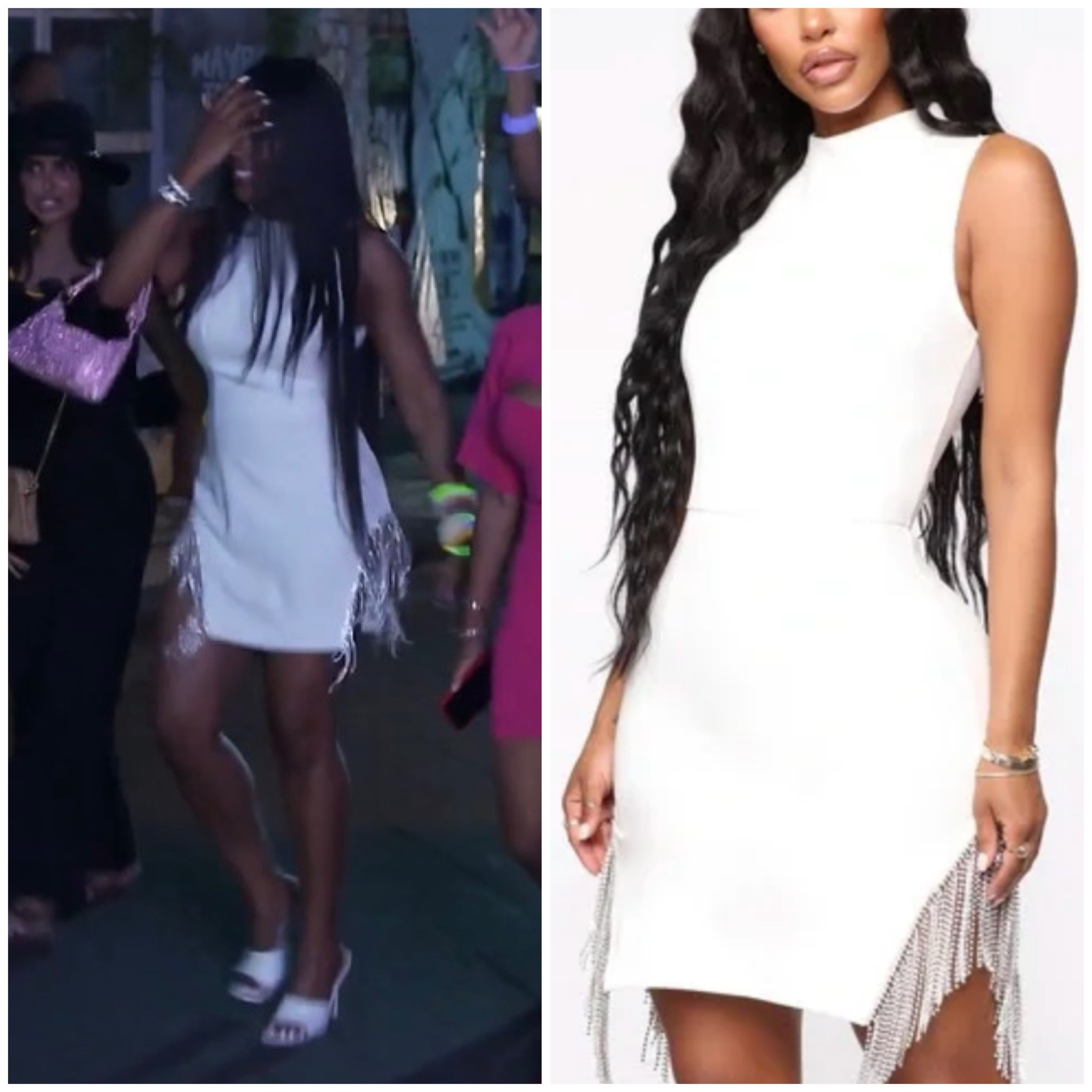 Caroline Brooks’ White Crystal Fringe Dress 