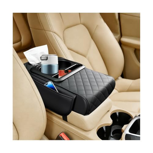 FALVFUN Car Center Console Armrest Box Mat, Nappa Leather Armrest Box Cover with Tissue Box, Cup Holder & Phone Holder, Middle Console Arm Rest Protection Pillow, Universal for Vehicles (Black) | Amazon (US)