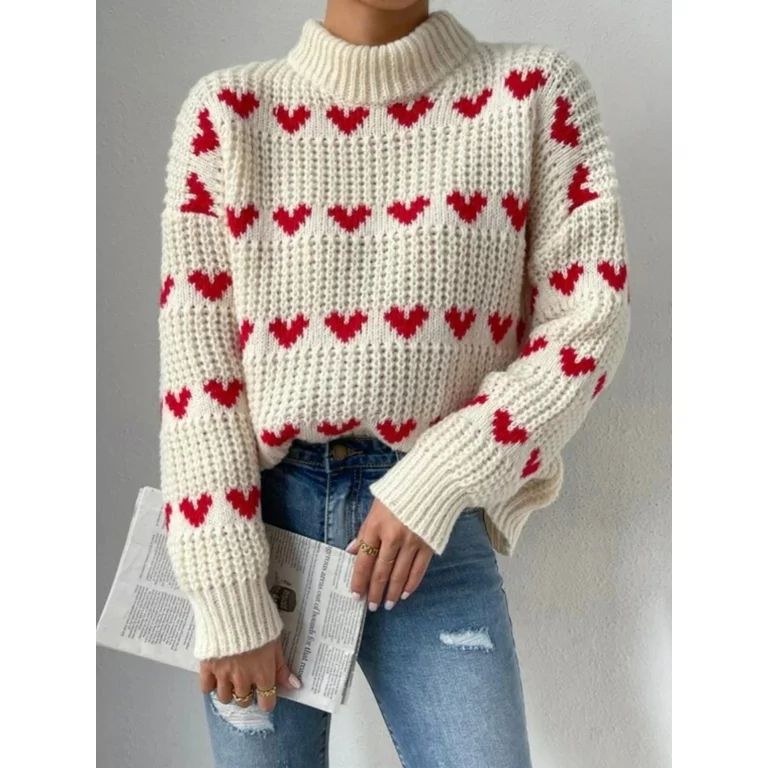 Women Loose Knit Sweater Heart Jacquard Long Sleeve Pullovers | Walmart (US)