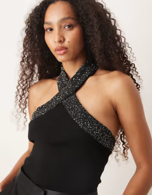 Mango halterneck top with embellished trim in black | ASOS | ASOS (Global)