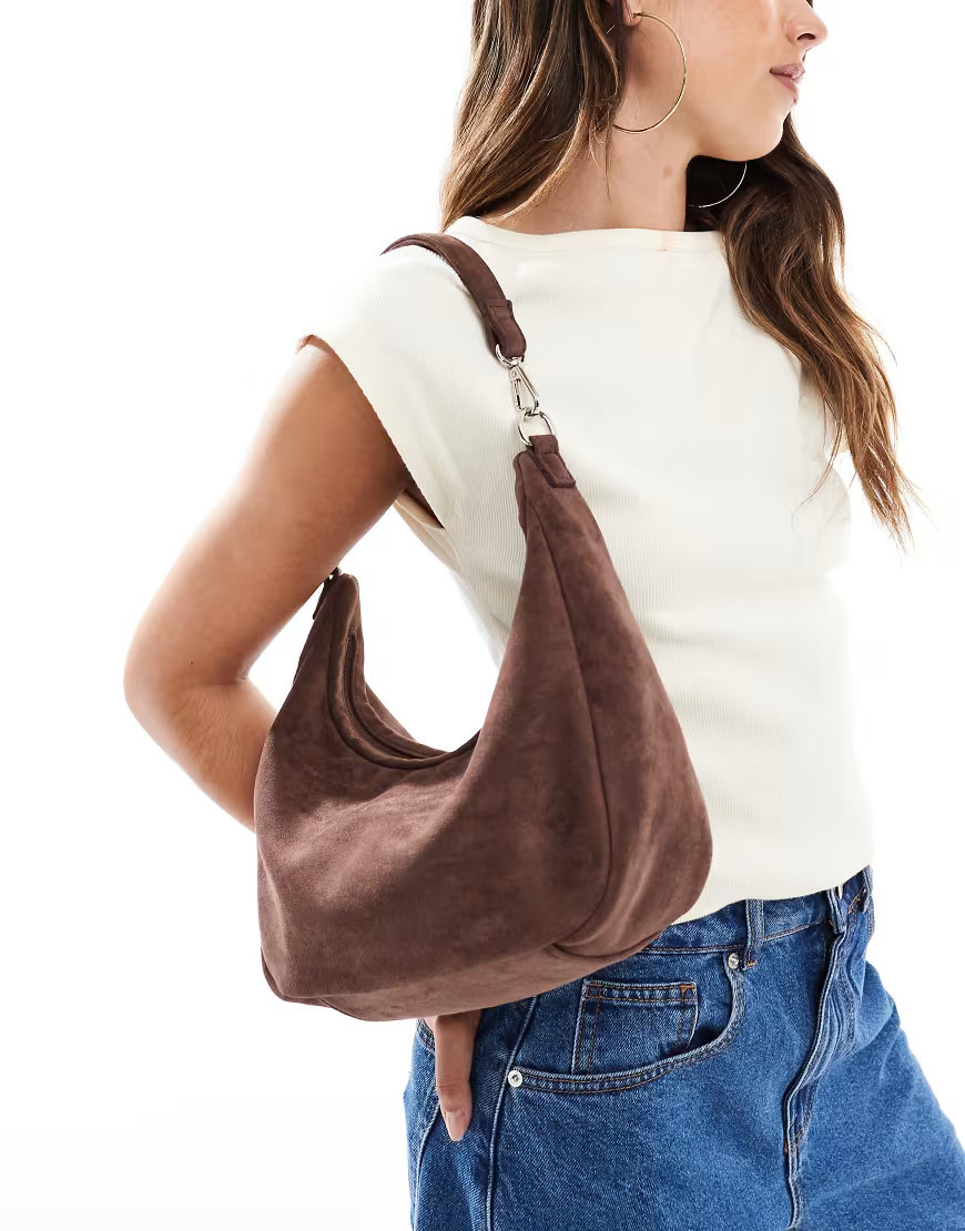 PASQ faux suede slouch shoulder and crossbody bag in cocoa brown | ASOS (Global)