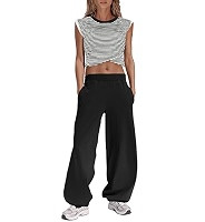 Panadila Womens Striped Lounge Sets 2 Piece Outfits Cropped T Shirts Wide Leg Pants Set Summer Sw... | Amazon (US)