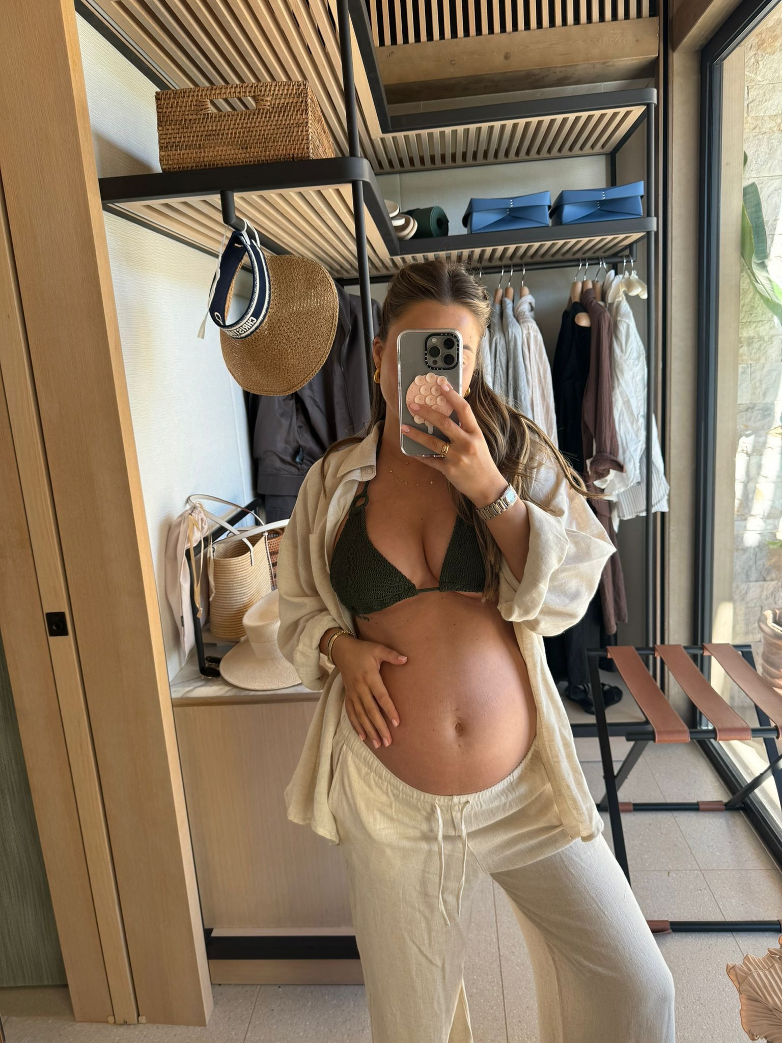 Summer holiday maternity outfit - hunza g khaki green bikini, Stradivarius  elasticated trousers & in the style linen blend shirt 

#LTKmaternity #LTKsummer #LTKuk