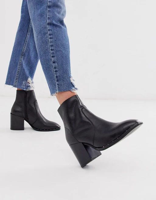 ASOS DESIGN Restore leather studded block heel boots in black | ASOS (Global)