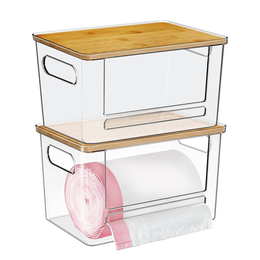 Trash Bag Dispenser 2 Pack, Acrylic Garbage Bag Dispenser with Bamboo Top, Extra Large Trash Bags... | Amazon (US)