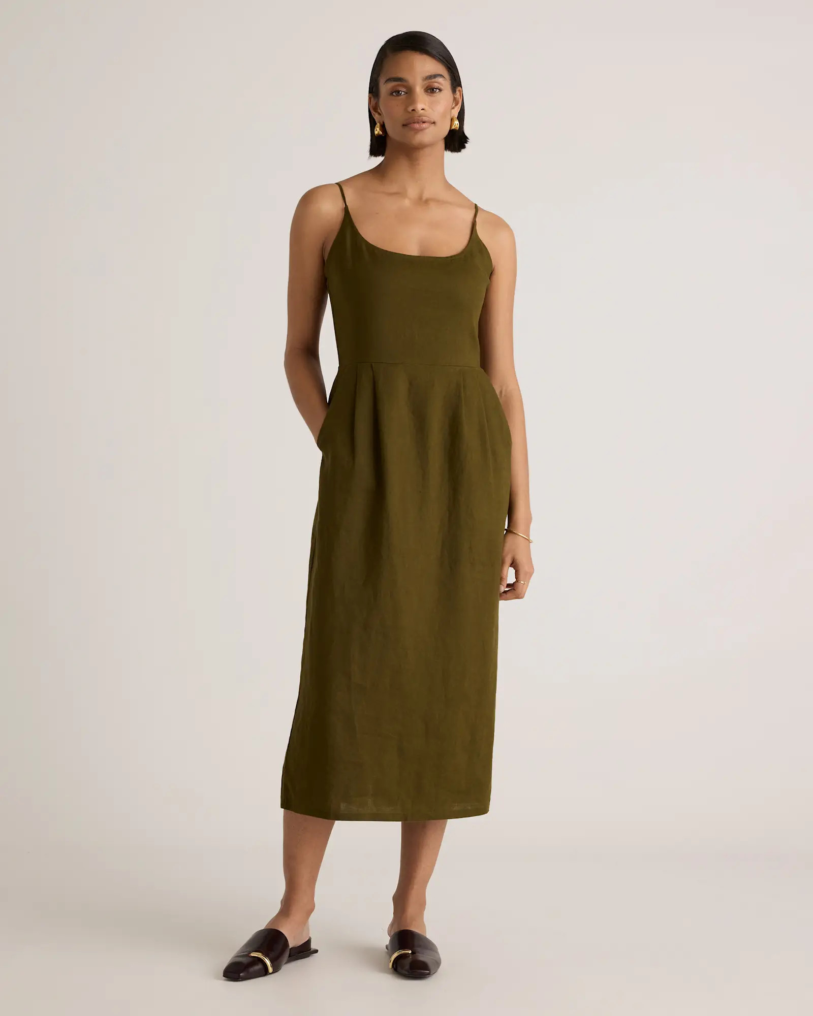 100% European Linen Scoop Neck Midi Dress in Martini Olive | Quince