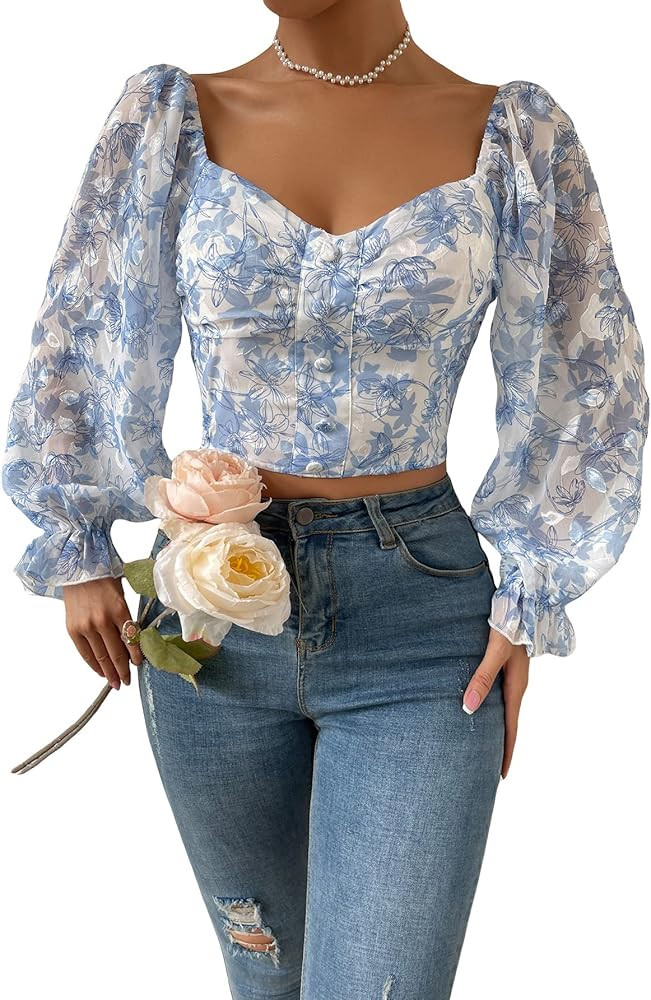 Floerns Women's Floral Print Sweetheart Neck Long Sleeve Crop Blouse top | Amazon (US)