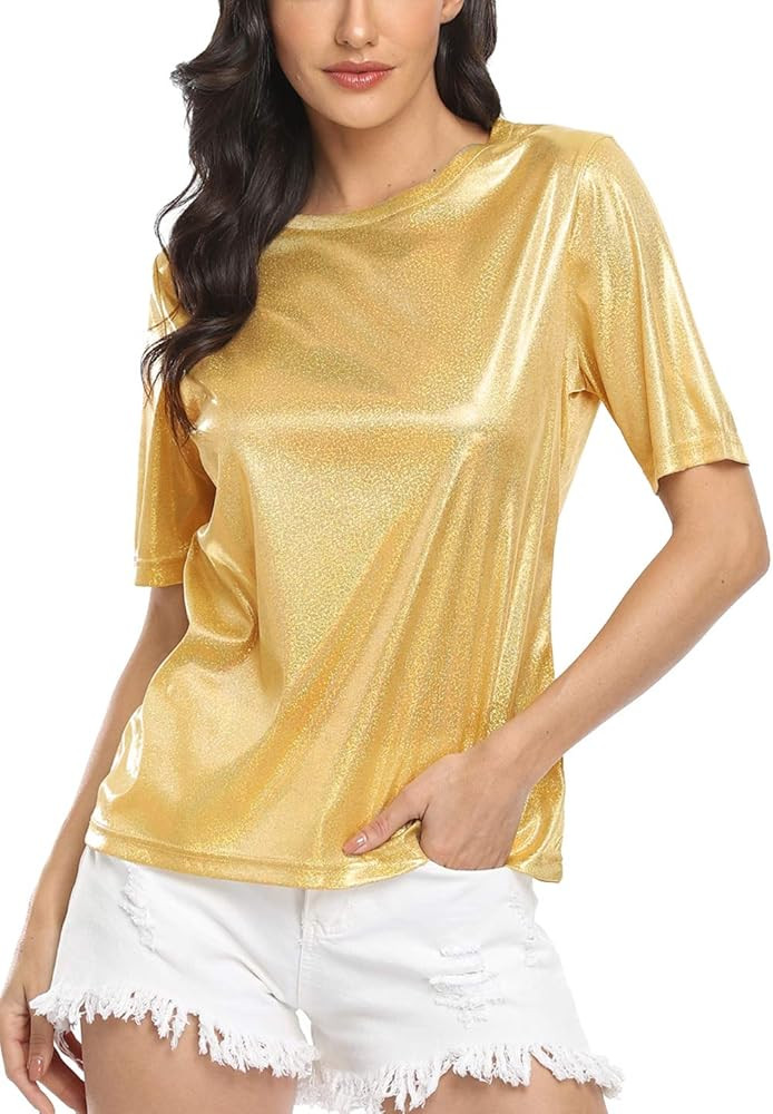 Shiny Tops for Women Metallic Holographic Shirt Party Shimmer Sparkle Disco T-Shirt | Amazon (US)