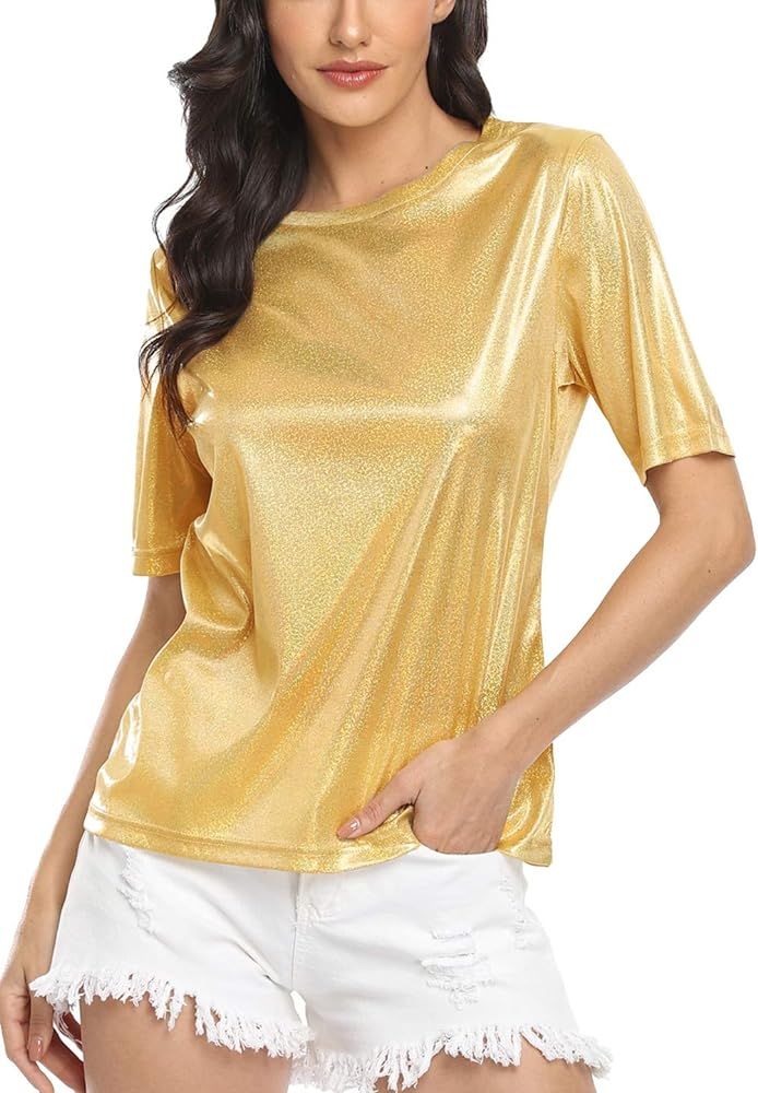 Shiny Tops for Women Metallic Holographic Shirt Party Shimmer Sparkle Disco T-Shirt | Amazon (US)
