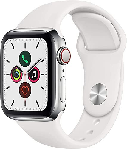 Apple Watch Series 5 (GPS + Cellular, 40MM) - Silver Stainless Steel Case with White Sport Band (Renewed) | Amazon (US)