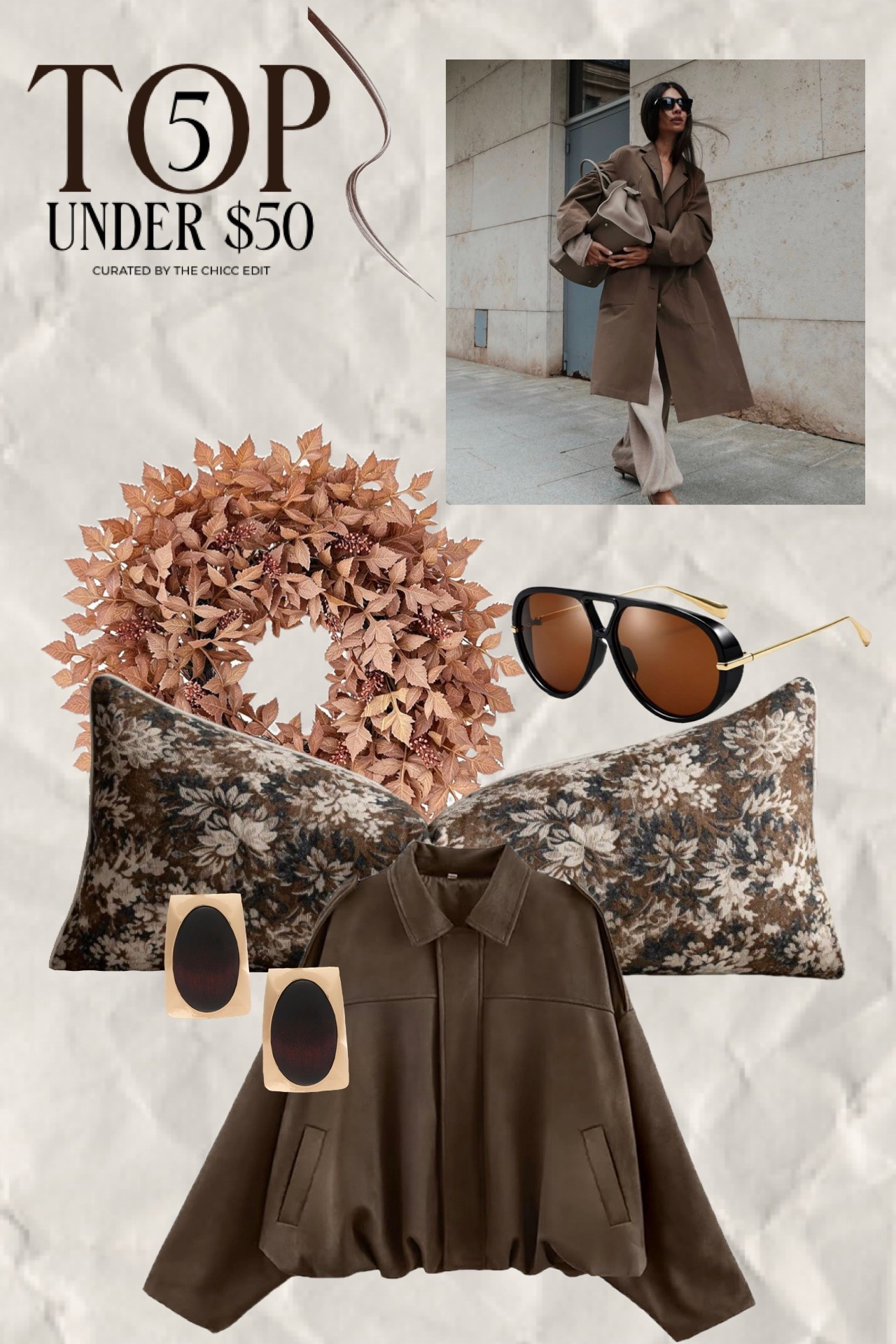 Top five under $50 🤎

#wreath #sunglasses #pillow #suedejacket #statementearrings

#LTKootd #LTKSeasonal #LTKHome