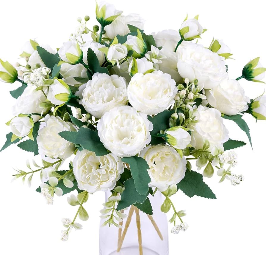 Floweroyal 4 Bunches Peony Artificial Flowers White Flowers Silk Peonies Bouquets for Wedding Par... | Amazon (US)