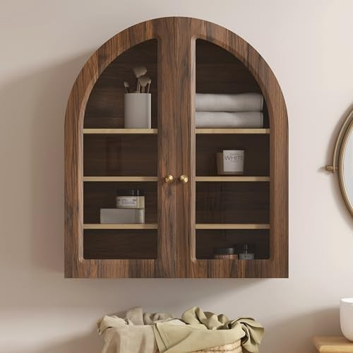 EYYTHUNG Brown Arched Wall Cabinet, Large Wood Bathroom Medicine Cabinet Wall Mounted Cupboard, M... | Amazon (US)