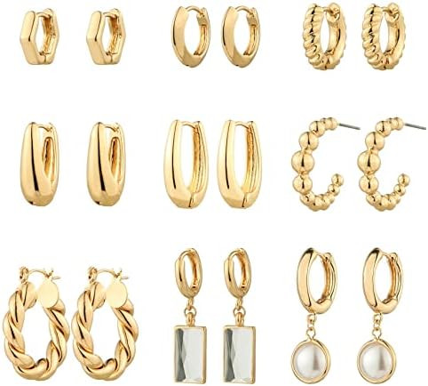 9 Pairs Gold Chunky Hoop Earrings Set for Women, 14K Gold Plated Twisted Huggie Hoop Earring Hypo... | Amazon (US)