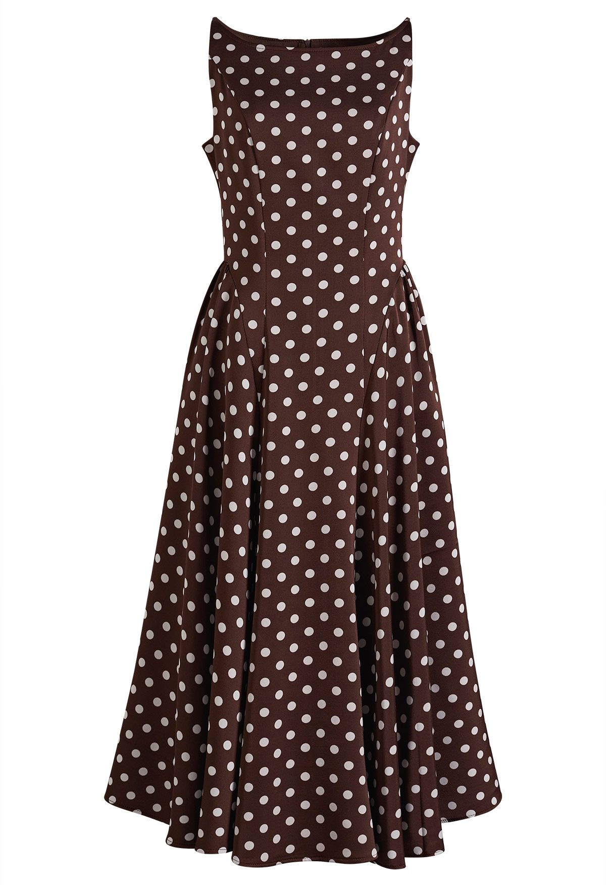 Polka Dot Print Sleeveless A-Line Midi Dress in Brown for Birthday Lunches & Picnic Dates | Chicwish