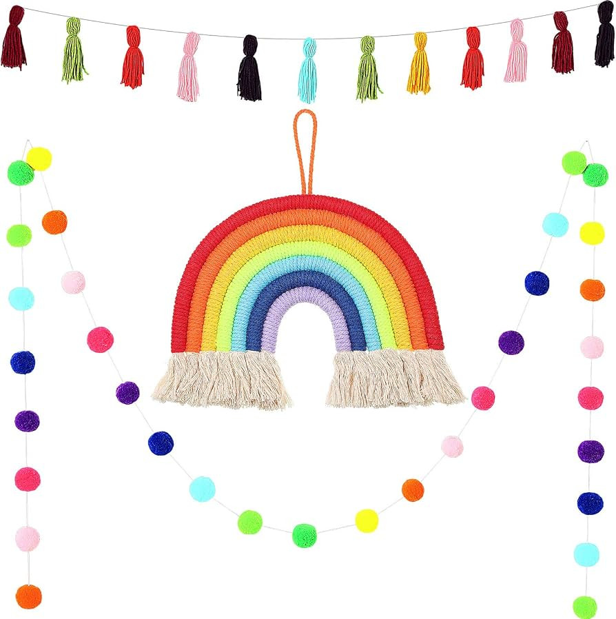 3 Pieces Tassel Garland Pom Pom Ball Banner Tassel Garland Banner Macrame Rainbow Wall Hanging De... | Amazon (US)