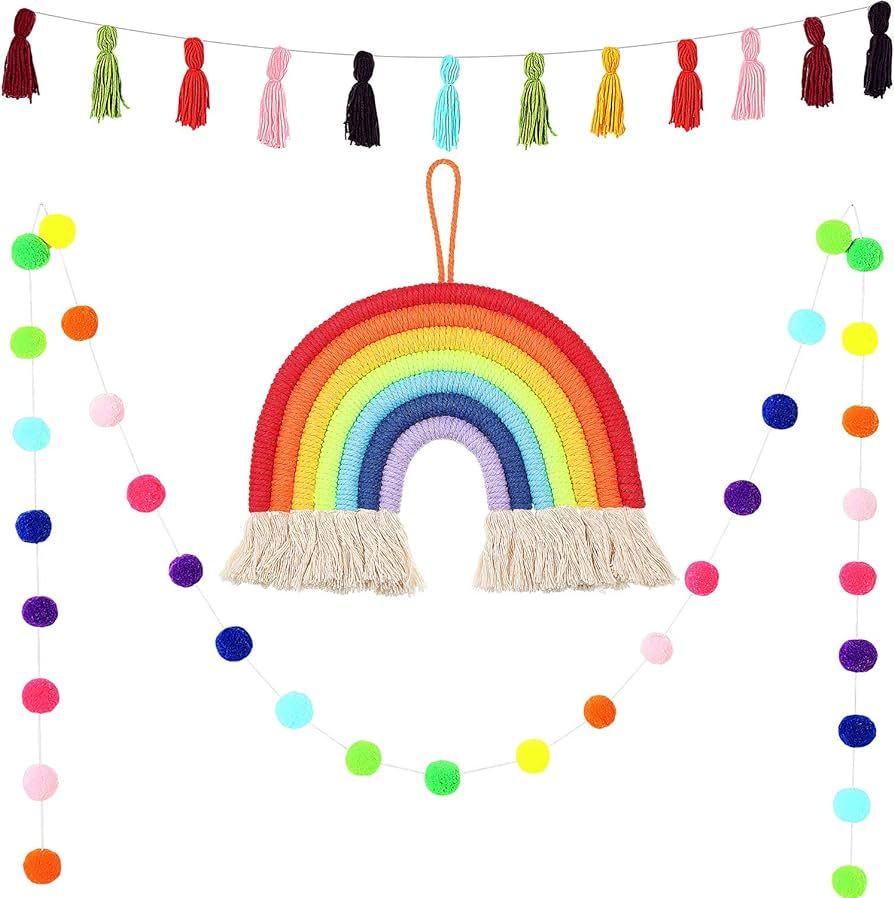 3 Pieces Tassel Garland Pom Pom Ball Banner Tassel Garland Banner Macrame Rainbow Wall Hanging De... | Amazon (US)
