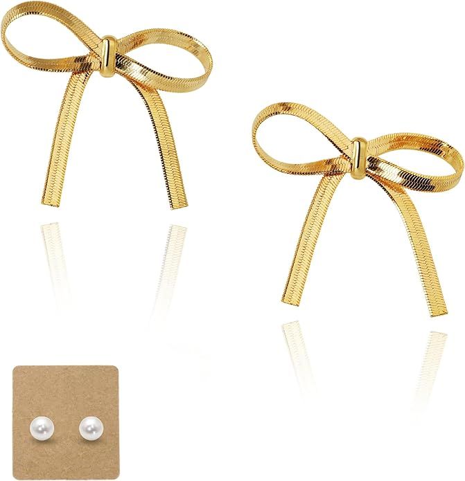 OZEL Gold Bow Earrings for Women Girls Long Tassel Chain Drop Dangle Knot Ribbon Wedding Statemen... | Amazon (US)