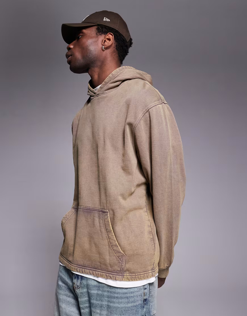 ASOS DESIGN oversized hoodie with cut and sew detail in washed brown - BROWN | ASOS (Global)