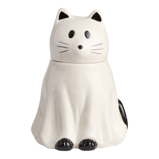White and Black Ceramic Spooky Ghost Cat Figural Cookie Jar by World Market | World Market