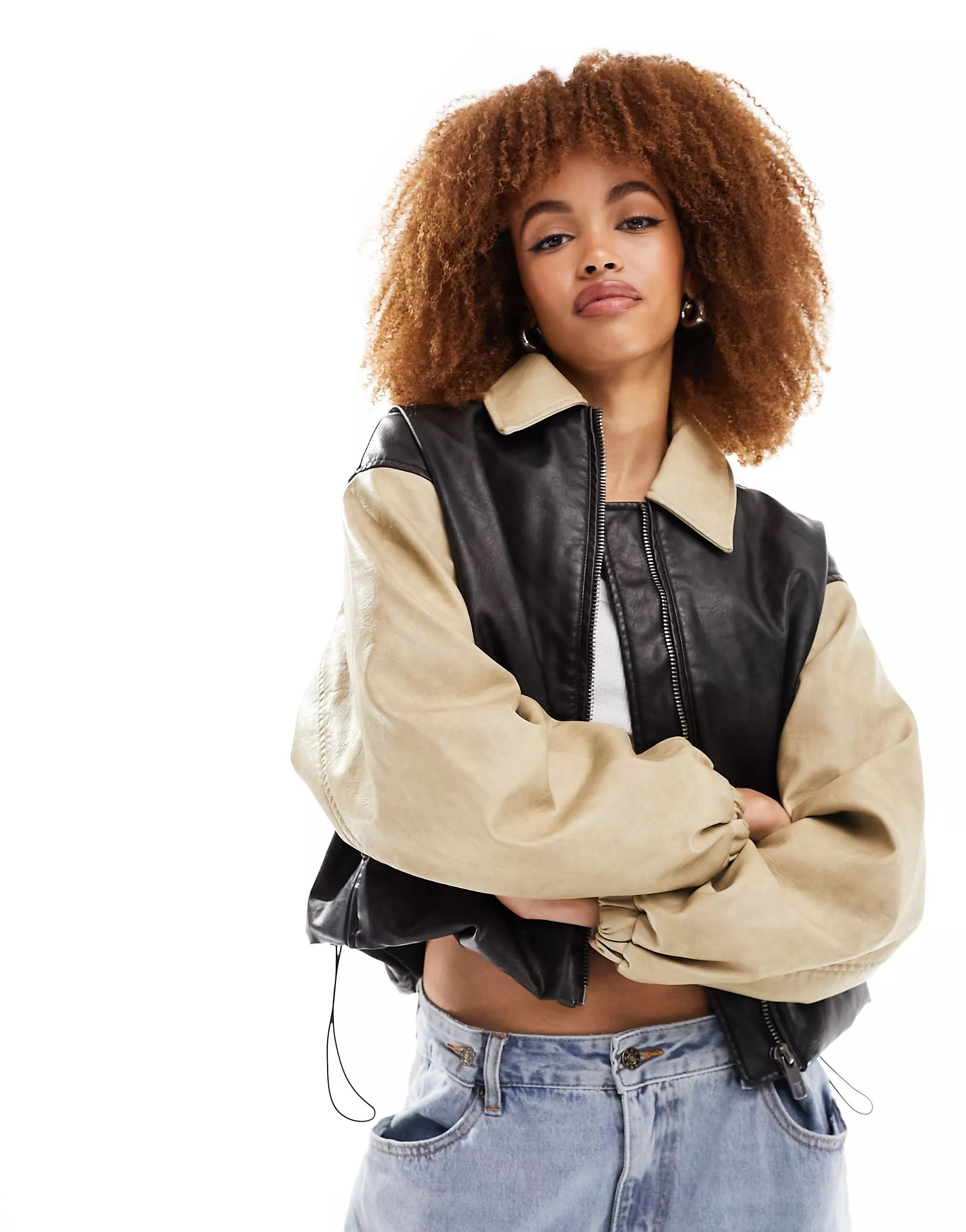 Lioness leather look contrast bomber jacket in black and camel | ASOS | ASOS (Global)