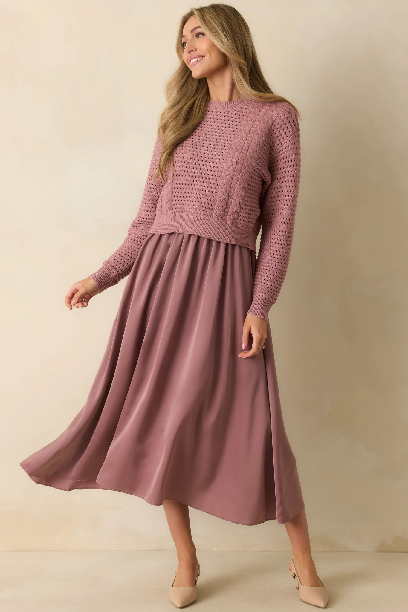 Take A Little Time Mauve Knit Sweater Satin Maxi Dress Set | Red Dress