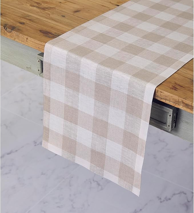 Solino Home Linen Plaid Table Runner 132 Inches Long - 100% Pure Linen Natural and White Buffalo ... | Amazon (US)