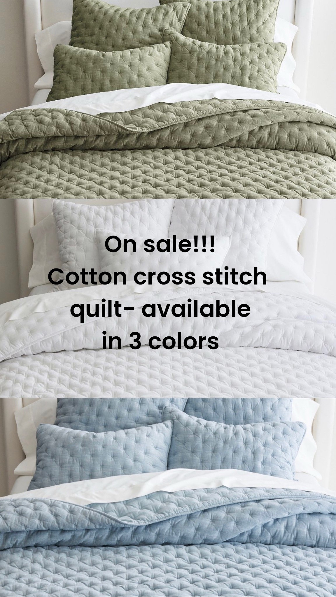 Cotton cross stitch quilt on sale now. Available in white, green, and blue. Great for a layered bed.

#LTKHome #LTKSeasonal #LTKSaleAlert