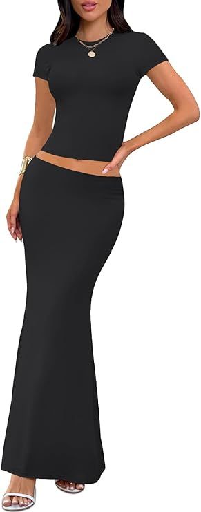 MEROKEETY Women's 2 Piece Skirt Sets Short Sleeve Crop Top Elastic Waist Summer Bodycon Lounge Se... | Amazon (US)