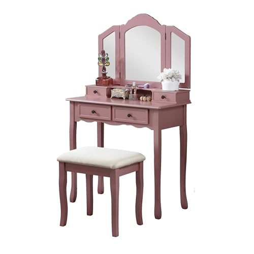 Roundhill Furniture Sanlo Wooden Vanity, Make Up Table and Stool Set, RoseGold | Amazon (US)