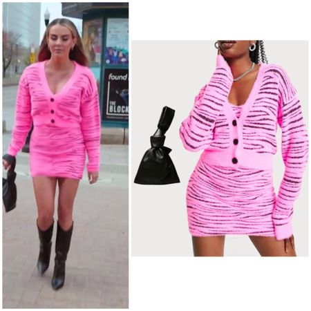 Whitney Rose’s Hot Pink Zebra Cardigan Sweater Dress Set and Black Knotted Bag