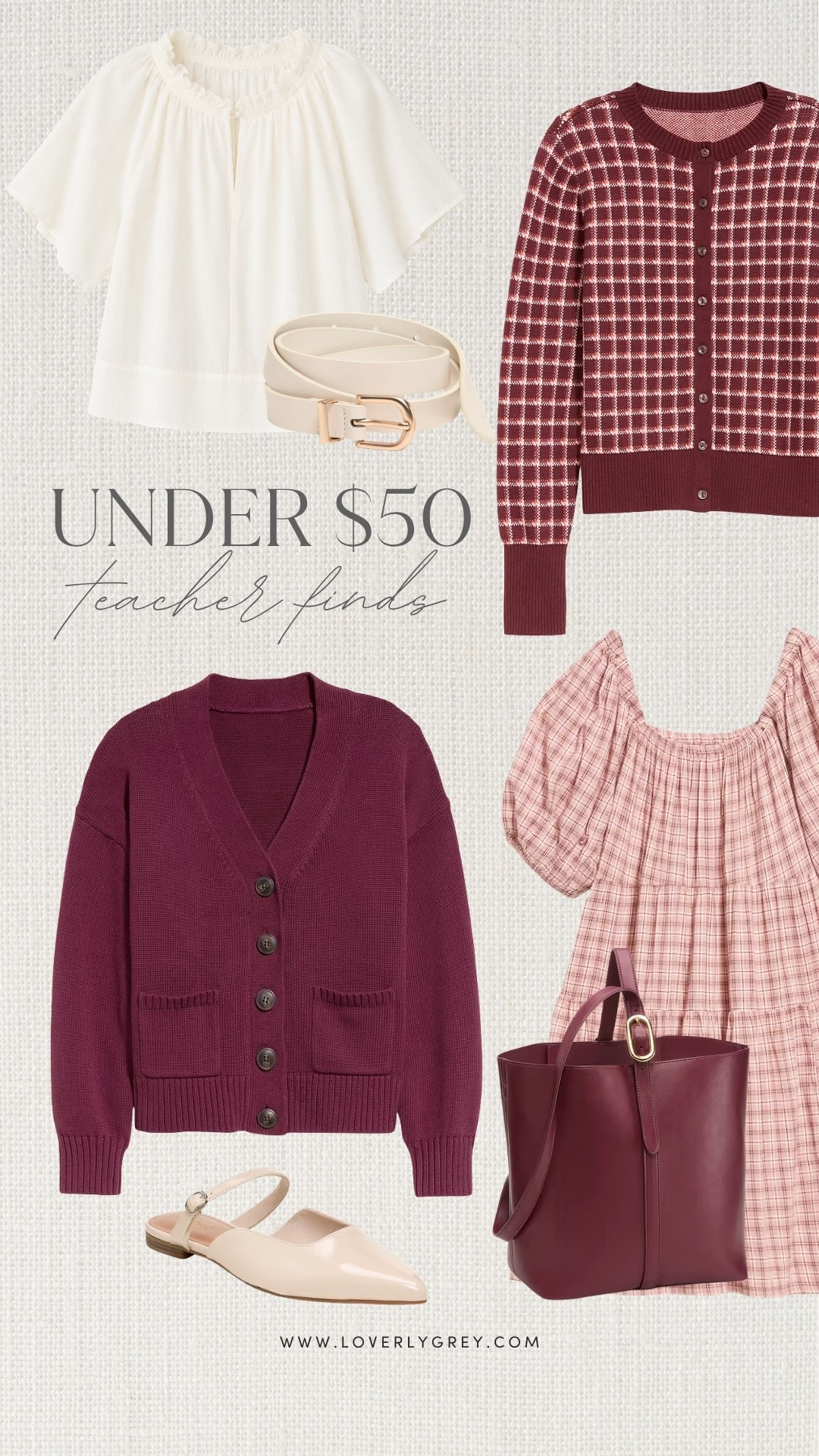 Affordable teacher outfits under $50 featuring burgundy cardigans, plaid tops, comfortable flats, and everyday workwear. These budget-friendly classroom outfits are easy to mix and match for fall. Great teacher outfit ideas for back-to-school and everyday school style.

#LTKootd #LTKmomlife #LTKgrwm