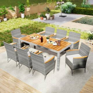 9-Piece Wicker Outdoor Dining Set with Acacia Wood Tabletop, Off White Cushions for Deck, Garden and Yard | The Home Depot