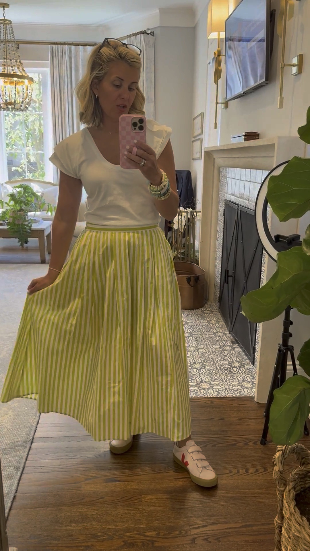 OOTD….the ruffle tee that looks like a top & dresses up this maxi skirt. This citron  color is everywhere!! I’m in a xs tee, small skirt & 8 sneaker 

#LTKPetite #LTKdayinmylife #LTKOver40