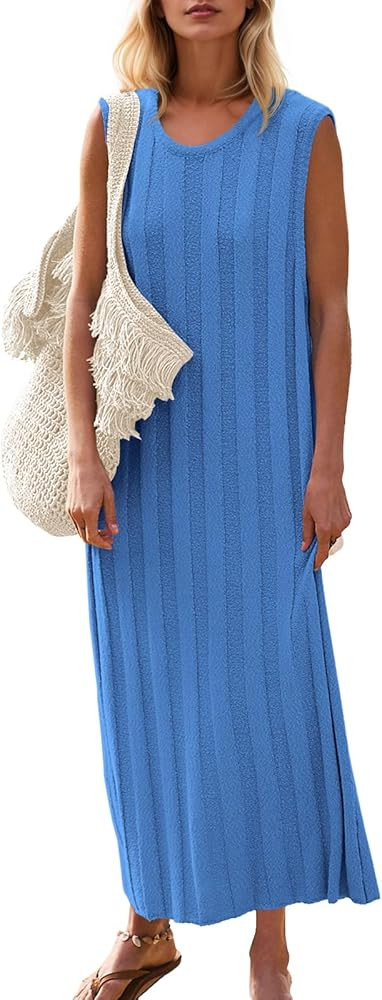 Fisoew Women's Summer Sleeveless Maxi Dress Scoop Neck Ribbed Knit Tank Top Dresses | Amazon (US)