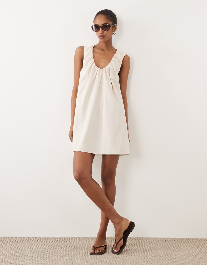 ASOS DESIGN ruched plunge barrel mini dress in stone-White | ASOS (Global)