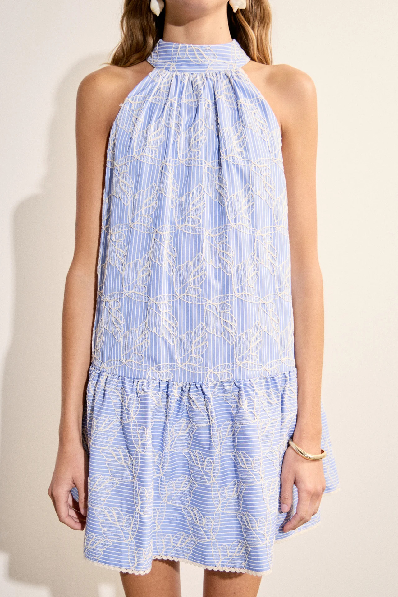 Striped Embroidered Halter Mini Dress | English Factory