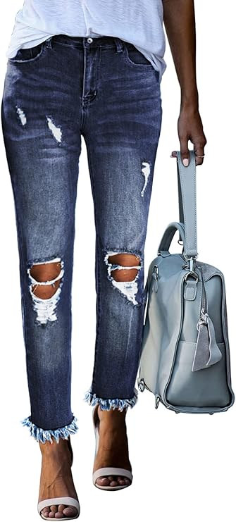 GOSOPIN Women Destroyed Raw Hem Hole Ripped Straight Ankle Jeans Modern Stretch Boyfriend Mid Ris... | Amazon (US)