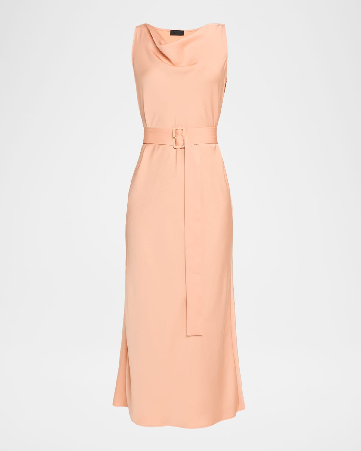Lightweight Satin Cowl-Neck Belted Midi Dress | Neiman Marcus