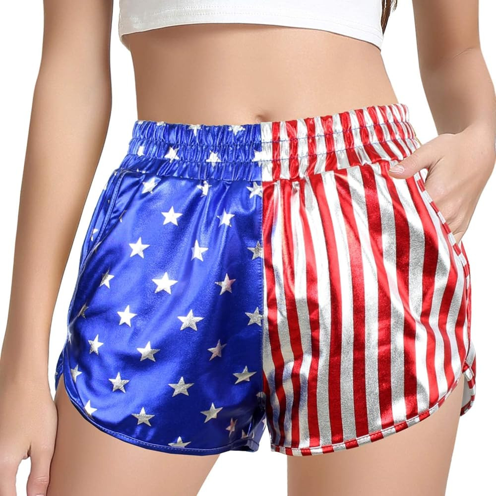 MAKARTHY Women's Metallic Shorts Elastic Waist Shiny Sparkly Rave Pants | Amazon (US)