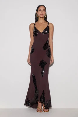 Josette Sequin & Chiffon Maxi Dress / Dark Chocolate | MESHKI | M | MESHKI US