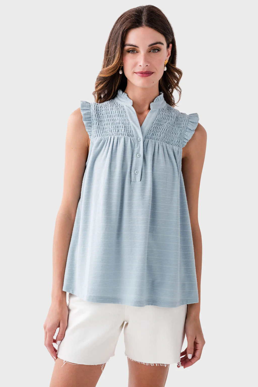 Doe and Rae Ruffle Collar Split V-neck Yoke Sleeveless Top | Social Threads