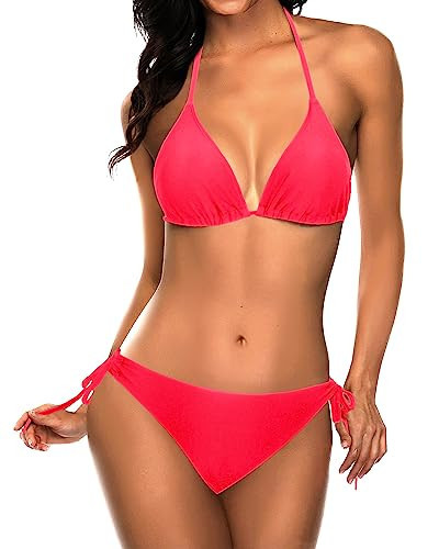 Tempt Me Women Neon Red Triangle Bikini Sets Halter Two Piece Sexy Swimsuit String Tie Side Bathing Suit XS | Amazon (US)